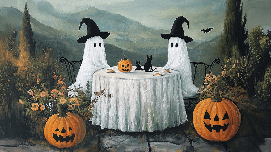 Halloweenská ilustrace duchů a dýní